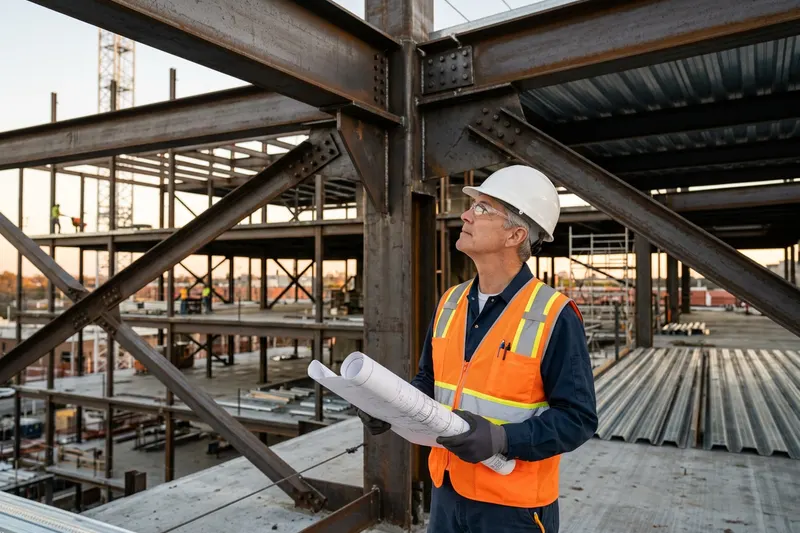 Senior structural engineer reviewing seismic connection detail at a steel framed building