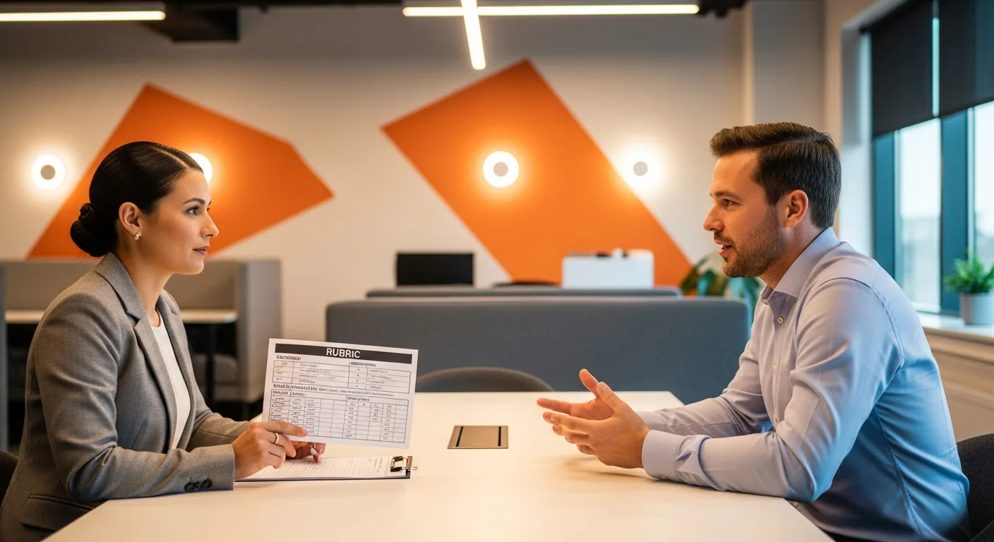 Hiring manager using a structured interview scoring rubric during a technical candidate interview