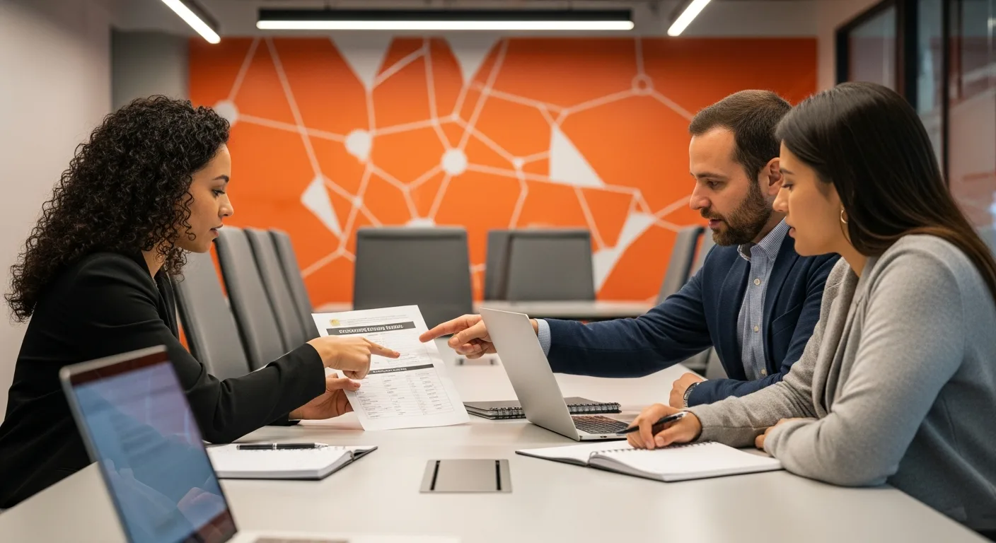 Interview panel of three professionals reviewing and calibrating a structured interview scoring rubric