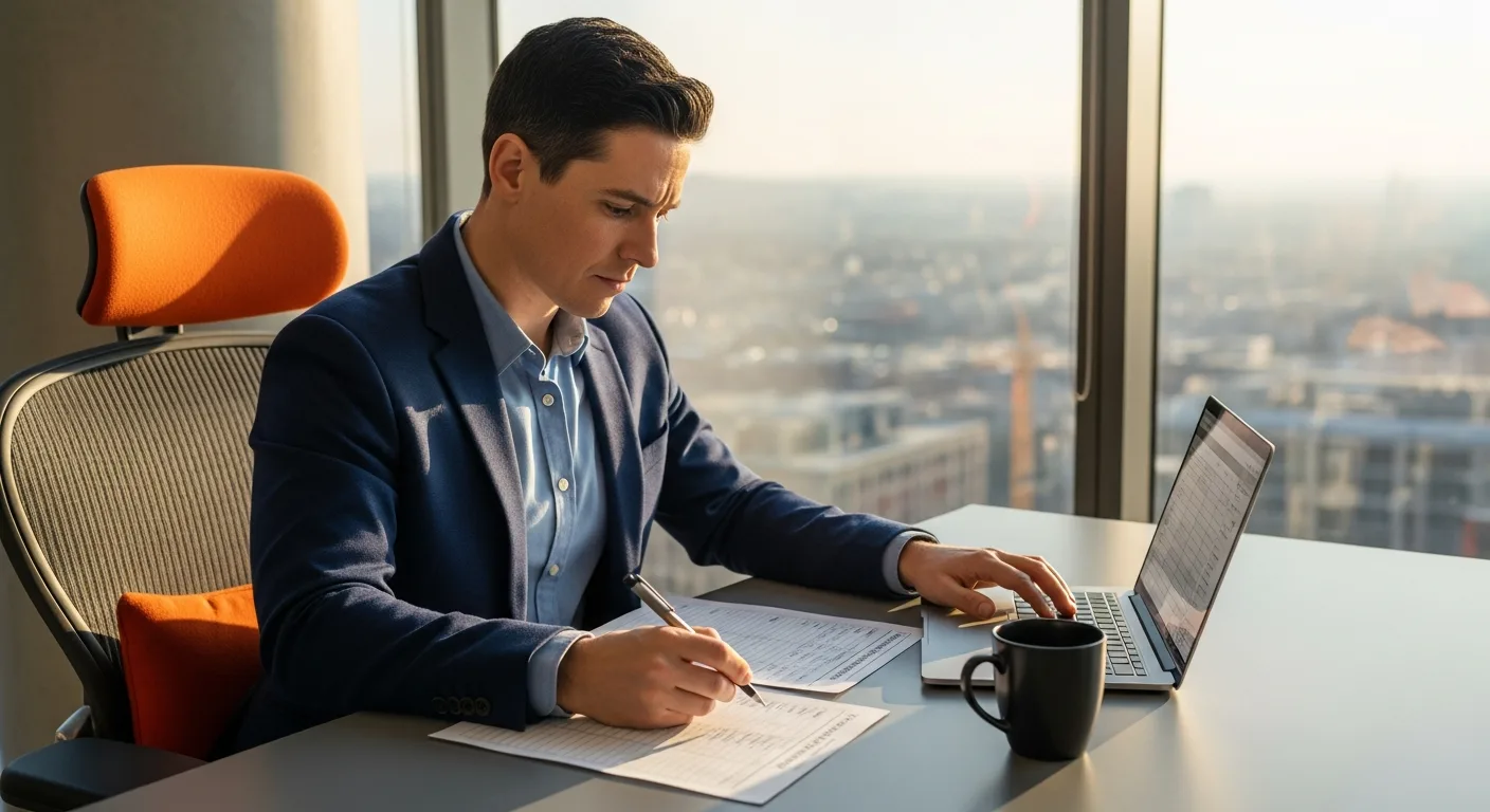 Hiring manager building a structured interview rubric and competency scorecard at a desk