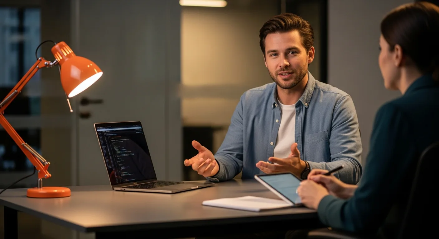 Software engineer candidate answering structured behavioral interview questions while interviewer scores responses