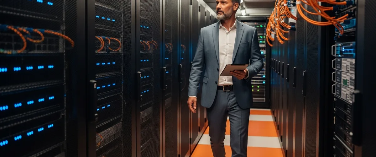 IT infrastructure manager walking through a modern enterprise server room between rows of server racks with blue status LEDs