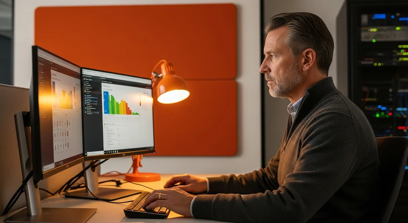Senior systems administrator reviewing Active Directory Windows Server monitoring dashboards on dual monitors in a modern enterprise IT office