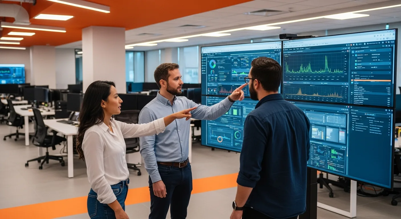Three IT infrastructure professionals reviewing observability dashboards on a wall monitor in a modern corporate network operations center