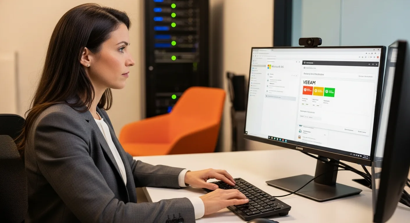 Systems administrator running a patching cycle and Veeam backup verification from an M365 admin console on dual monitors