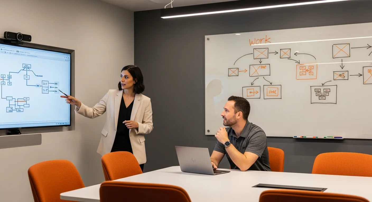 Two engineers in collaborative system design interview session discussing architecture on monitor in modern conference room