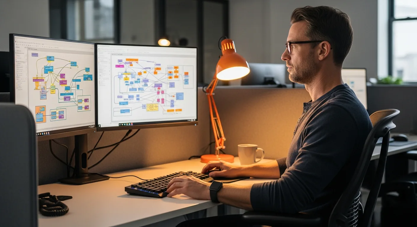 Software engineer at dual-monitor workstation reviewing system architecture diagrams for interview preparation