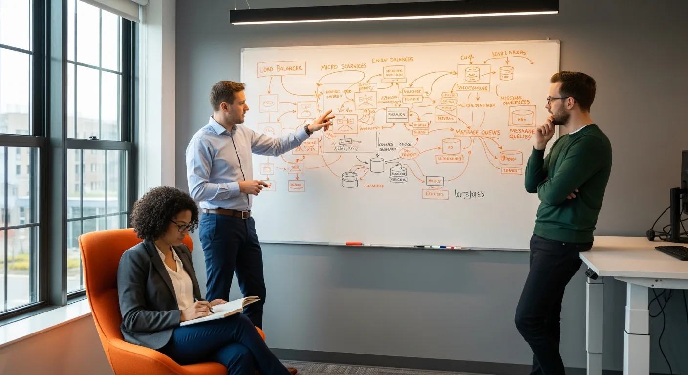 Engineering team reviewing distributed system design whiteboard with microservices architecture diagram
