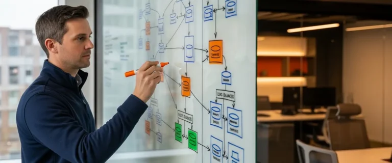 Senior software engineer drawing distributed system architecture on whiteboard during system design interview preparation