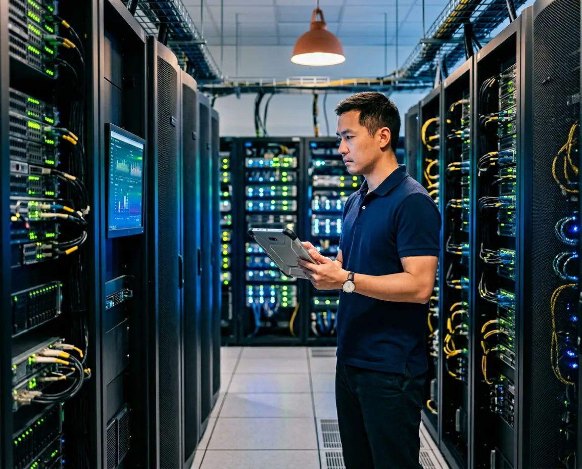 Systems administrator staffing, IT professional managing server infrastructure in a modern data center