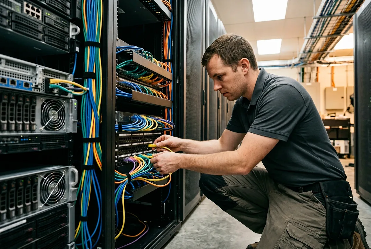 Systems administrator monitoring server racks and network infrastructure, KORE1 staffing