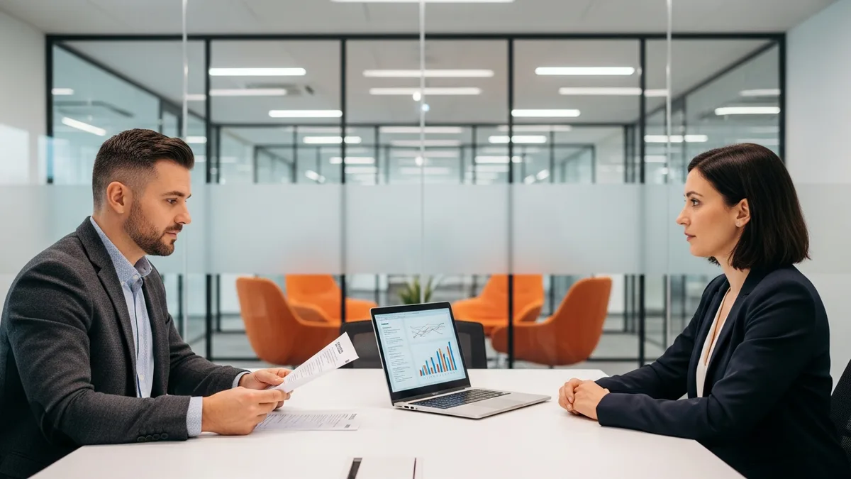 Hiring manager conducting a technical interview with a Tableau developer candidate in a conference room