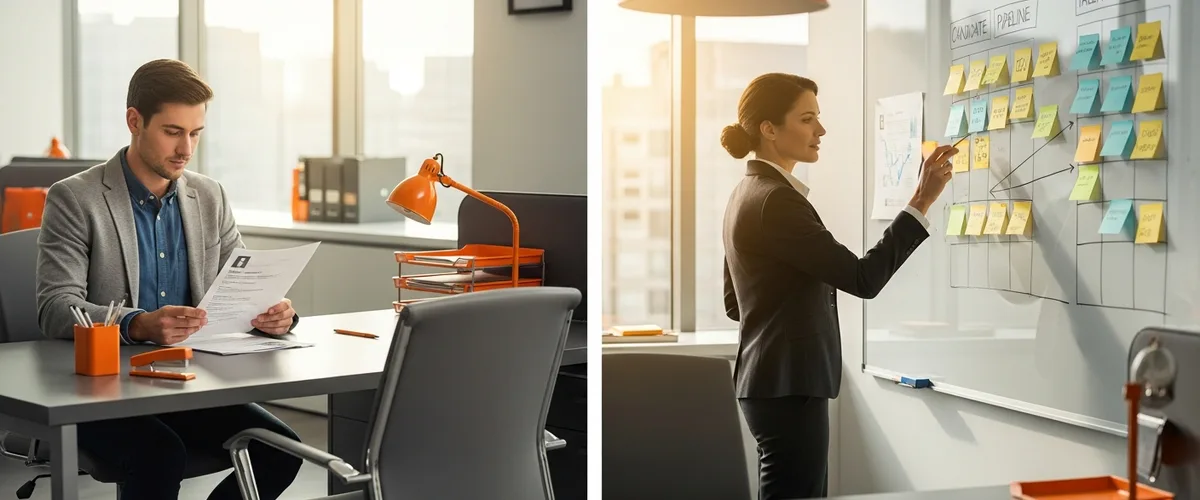 Talent acquisition strategist reviewing candidate pipeline versus recruiter filling single open role