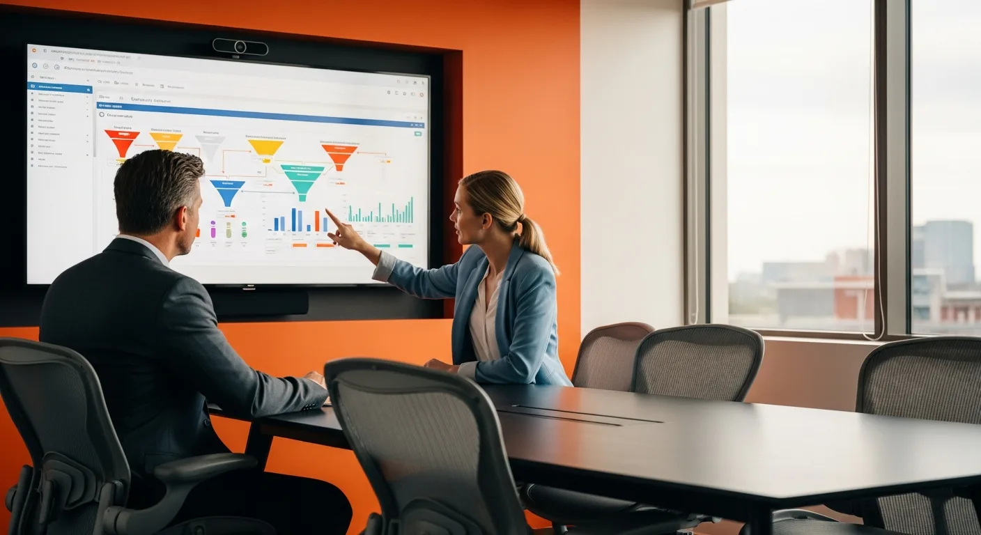 Hiring manager and talent acquisition strategist reviewing candidate pipeline dashboard on screen