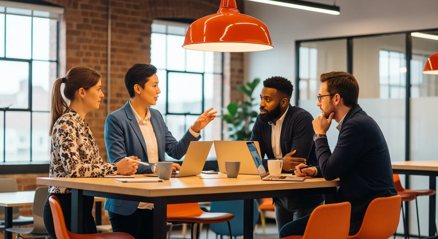 KORE1 staffing team collaborating on strategic talent acquisition plan in modern office