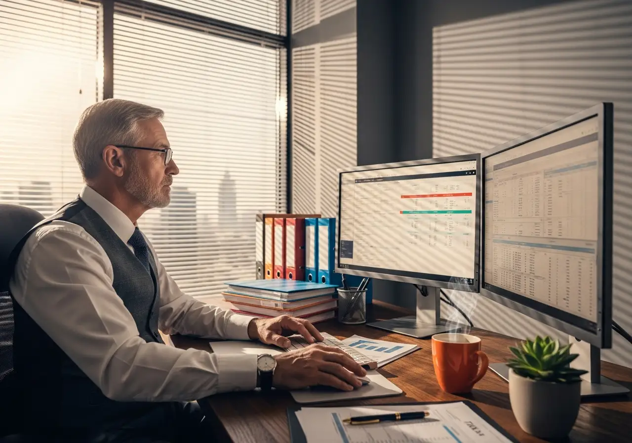 Senior tax accountant analyzing financial reports on dual monitors with warm orange desk lamp