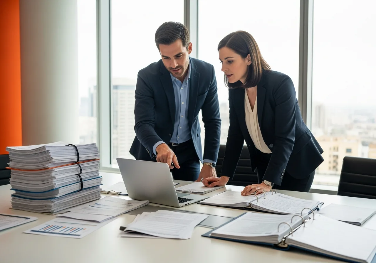 Tax professionals collaborating on quarterly filings in a well-lit finance office