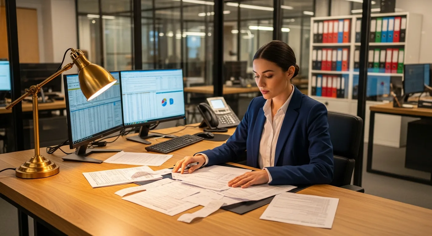 Tax accountant reviewing financial documents at a modern office desk with orange accent lighting