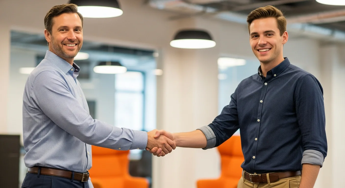 Hiring manager shaking hands with new tech employee after successful placement