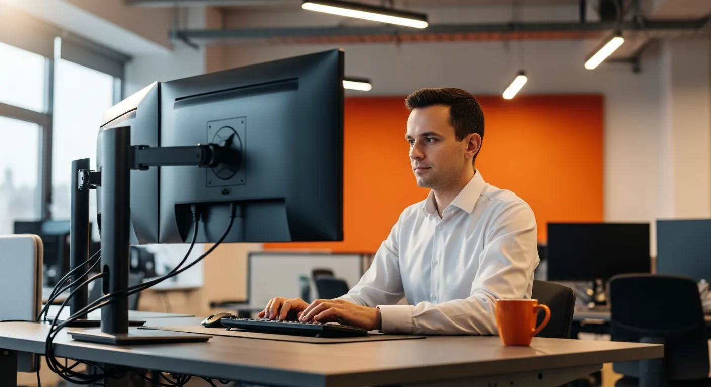 Tech recruiter at dual-monitor workstation managing candidate pipeline for IT staffing roles