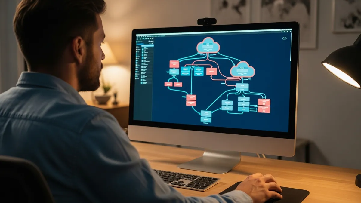 Engineer reviewing a cloud architecture diagram on a laptop
