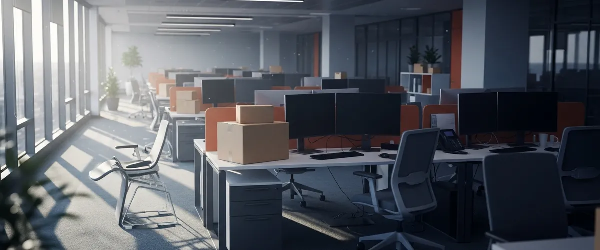 Partially empty open-plan technology office after a 2026 workforce reduction