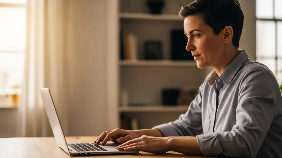 Laid-off software engineer in a home office on a video interview