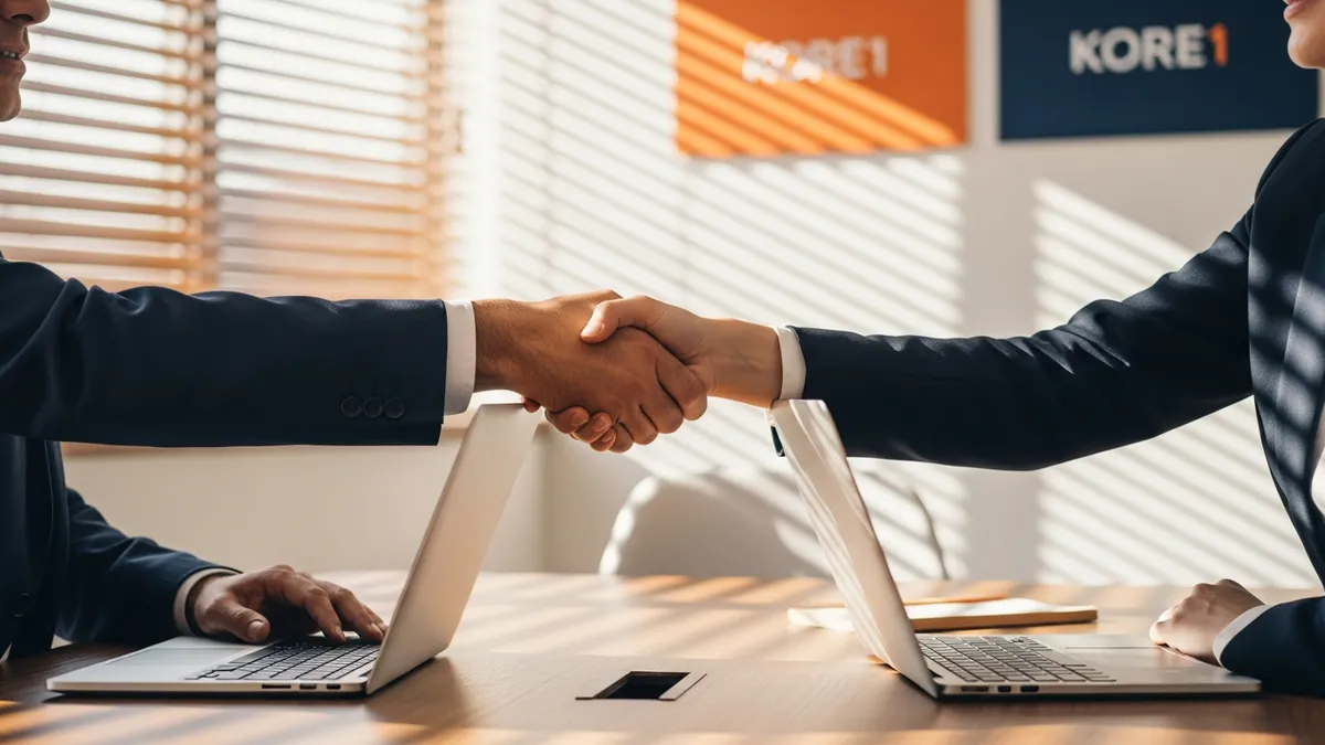 Hiring manager and candidate shaking hands across a desk with laptops open