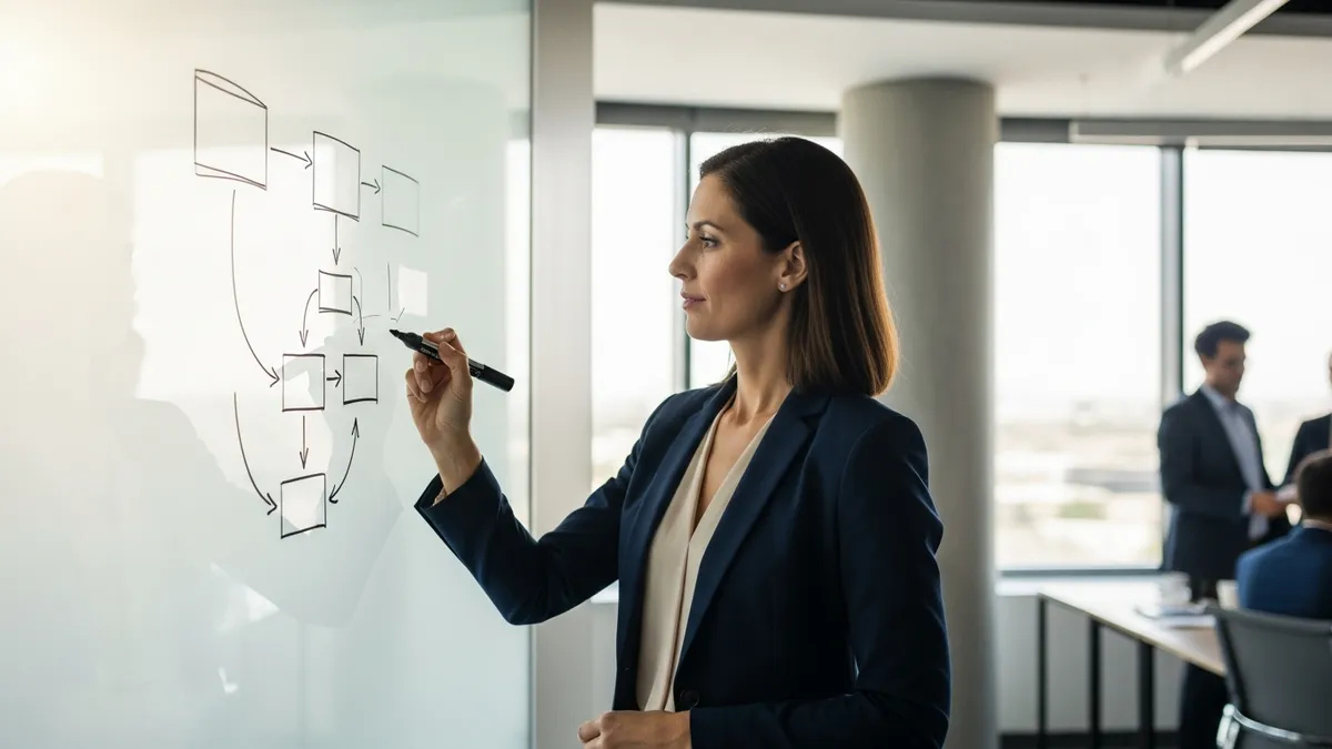 Hiring manager at a whiteboard mapping a candidate pipeline