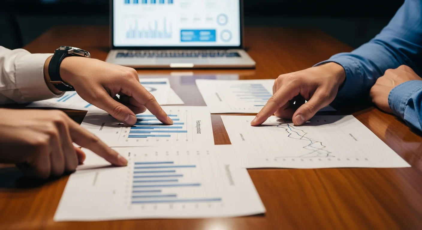 Engineering manager reviewing onboarding ROI and retention metrics on printed charts