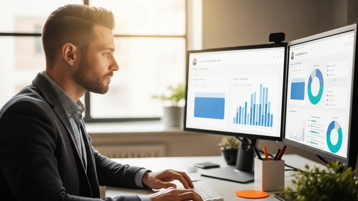 Recruiter at workstation reviewing candidate profile data on dual large monitors with stack and tenure information visible