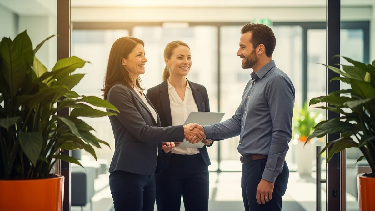 Hiring manager and HR partner shaking hands with new senior IT consultant at office entrance