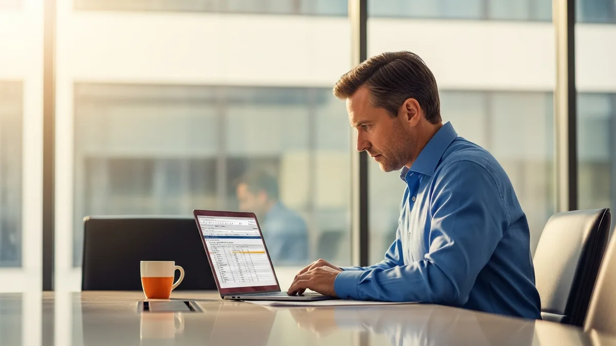 IT hiring manager evaluating staffing firm options on a laptop in a modern conference room with notepad and coffee