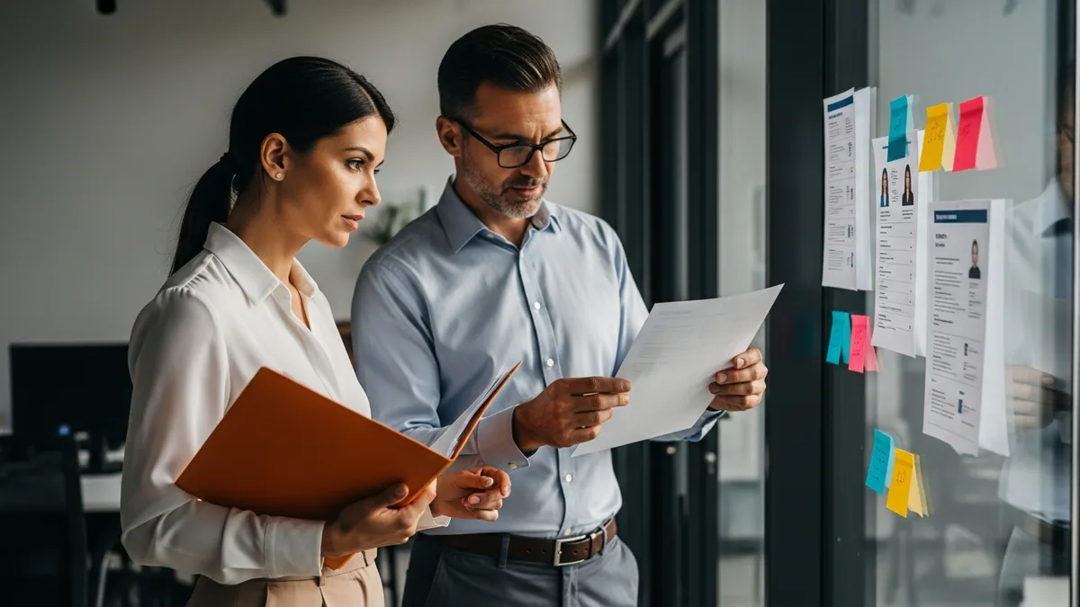 Senior IT recruiter and account director reviewing a staffing partner shortlist with comparison notes on a glass wall
