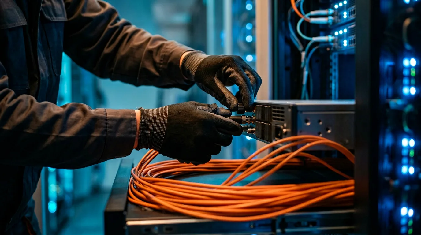 5G backend engineer configuring a radio access unit in a telecom data hall