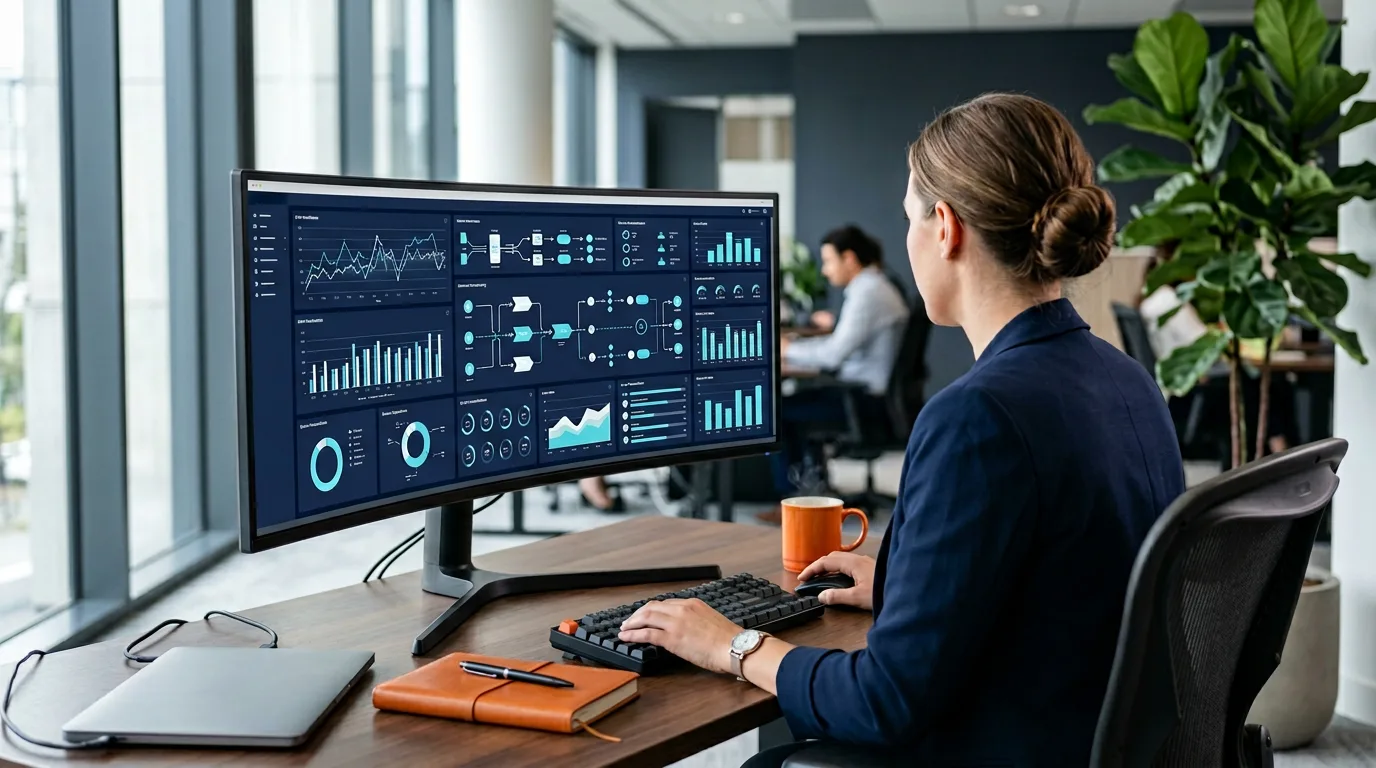 BSS and OSS analyst reviewing a customer provisioning and billing dashboard