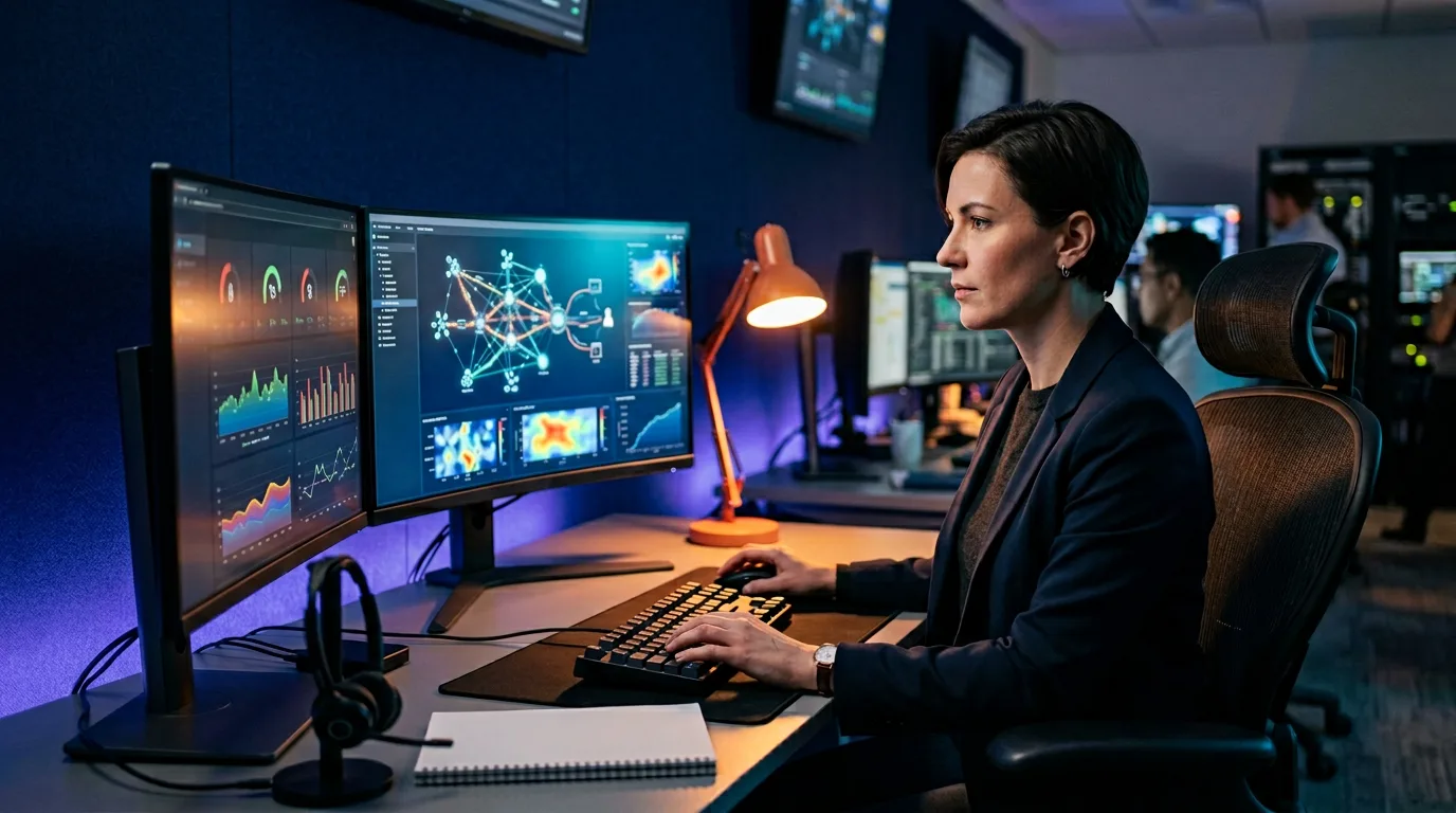 Telecom IT staffing recruiter reviewing 5G network topology with an engineer at a network operations console