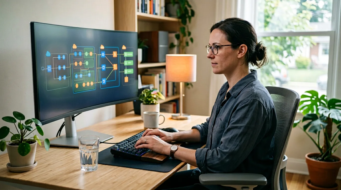 Senior Terraform engineer at workstation reviewing infrastructure-as-code module structure across multiple monitors, KORE1 Terraform engineer staffing