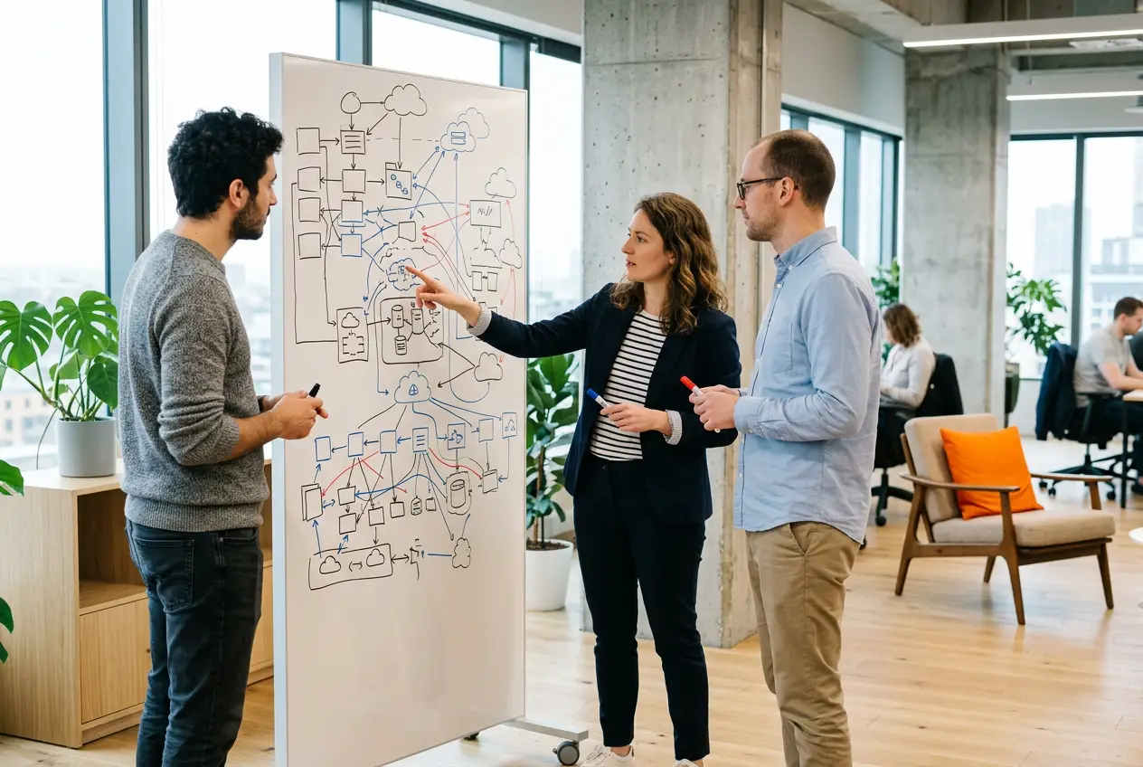 Platform engineering team at whiteboard mapping Terraform module dependencies and infrastructure-as-code architecture