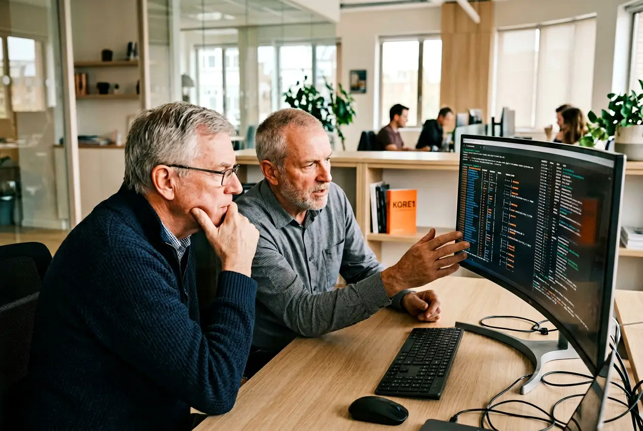 Two senior Terraform engineers reviewing terraform plan output on a large monitor for production refactor