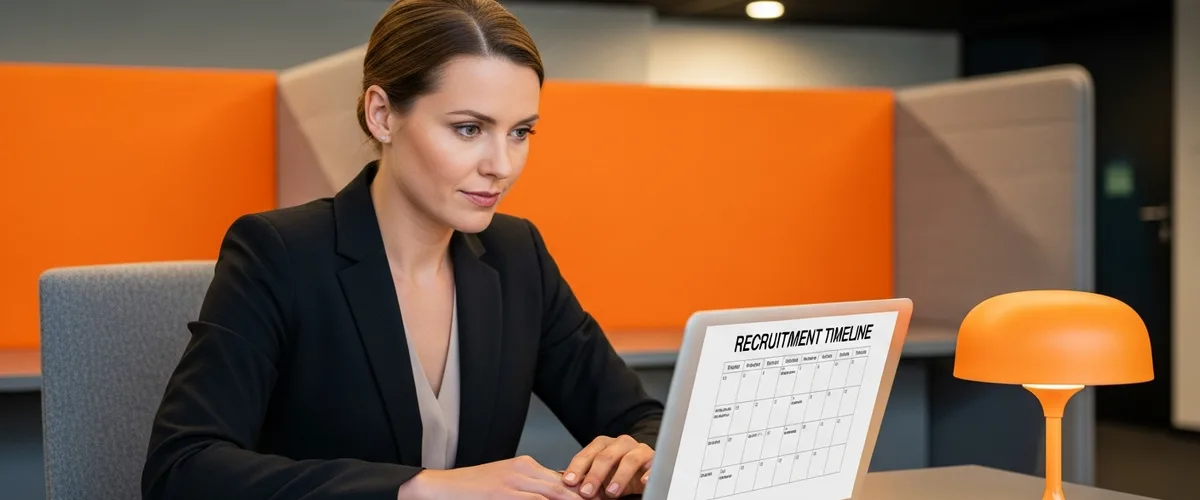 HR professional reviewing tech role time-to-fill data and hiring timelines on laptop