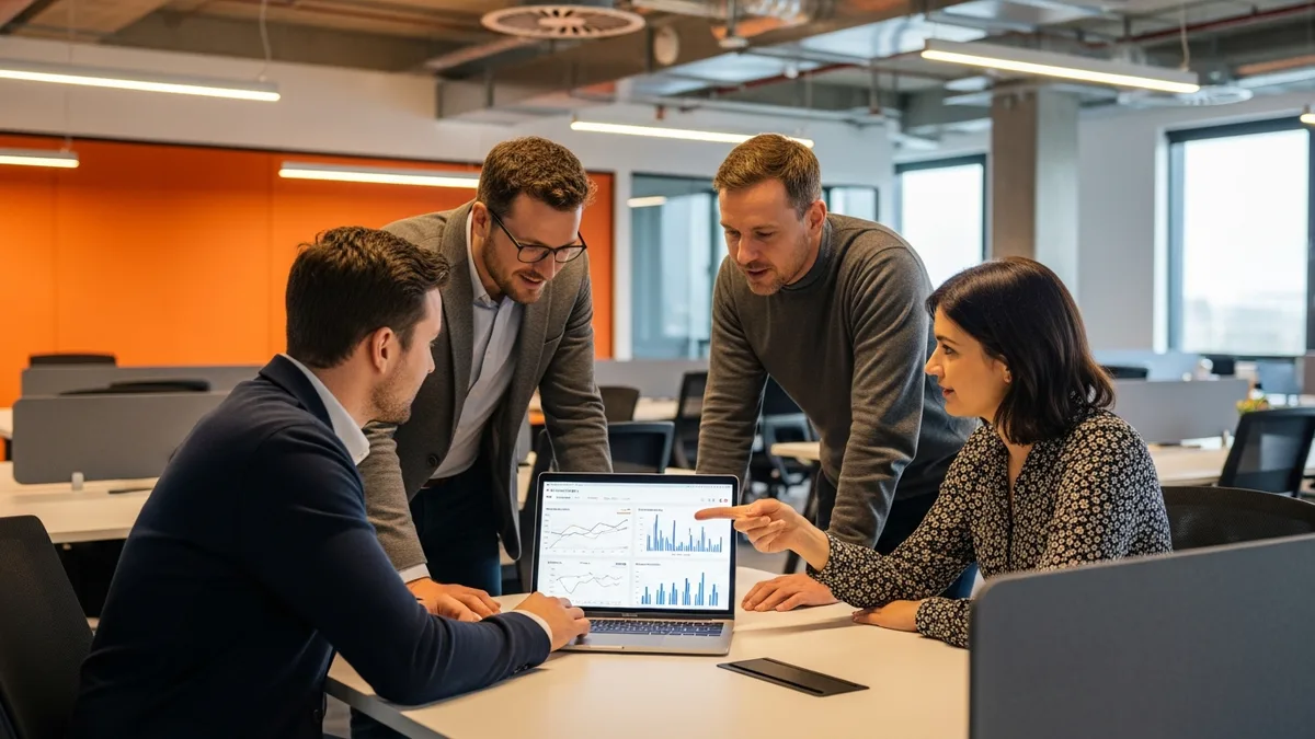 Diverse fintech team collaborating around a laptop reviewing a financial dashboard in a modern open-plan office