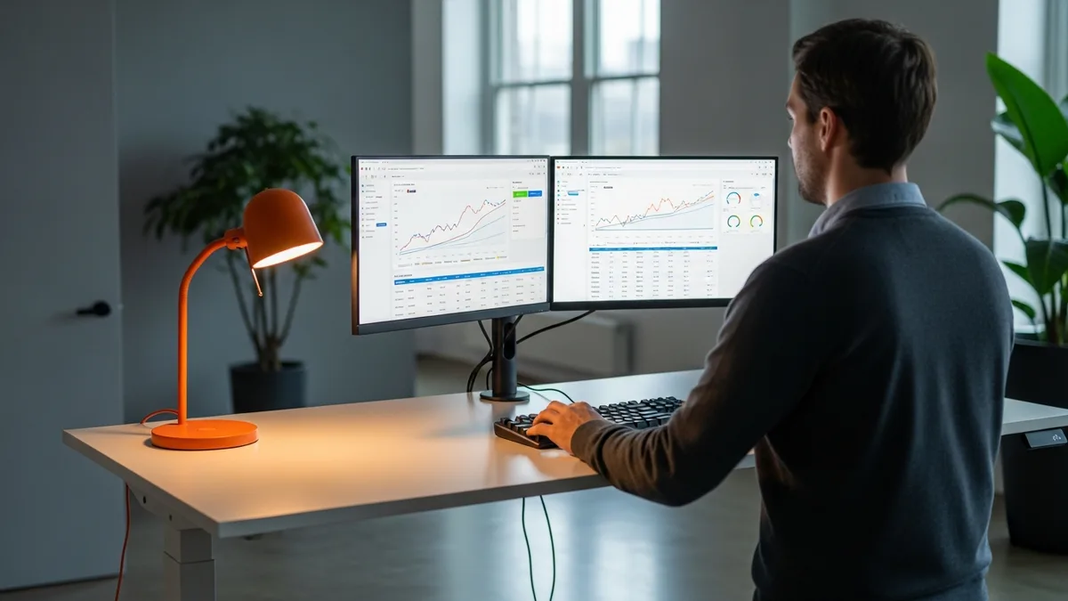 Fintech software engineer reviewing payments infrastructure data on dual monitors at a standing desk