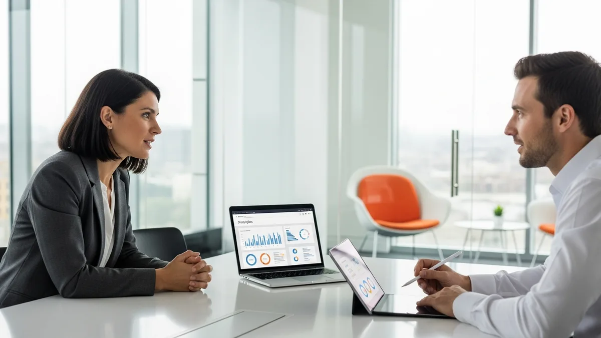 Two recruiters discussing fintech candidate profiles in a bright glass-walled conference room