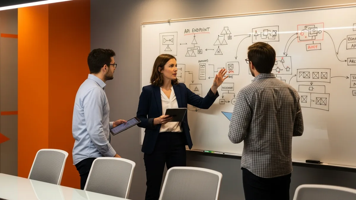 Technical writer collaborating with software engineers around whiteboard with API documentation diagrams