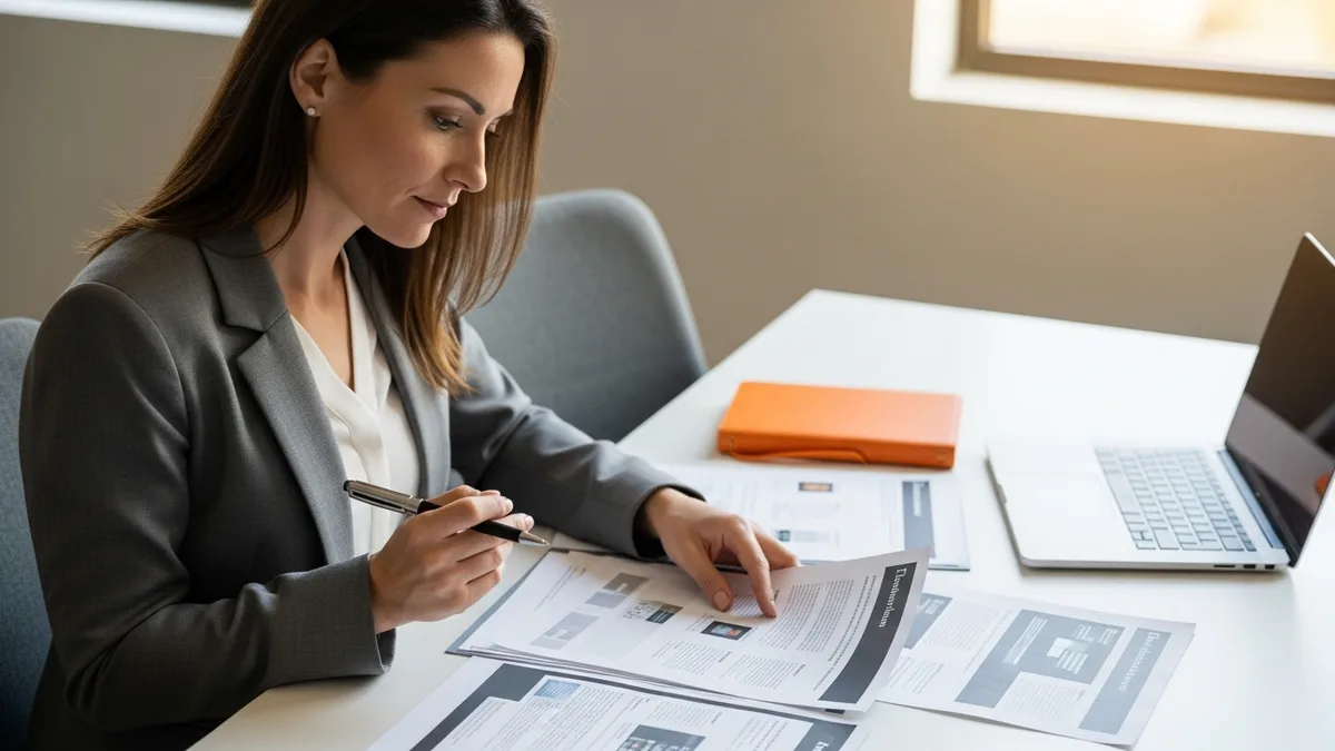 Hiring manager reviewing technical writer portfolio samples and resume at desk during hiring search