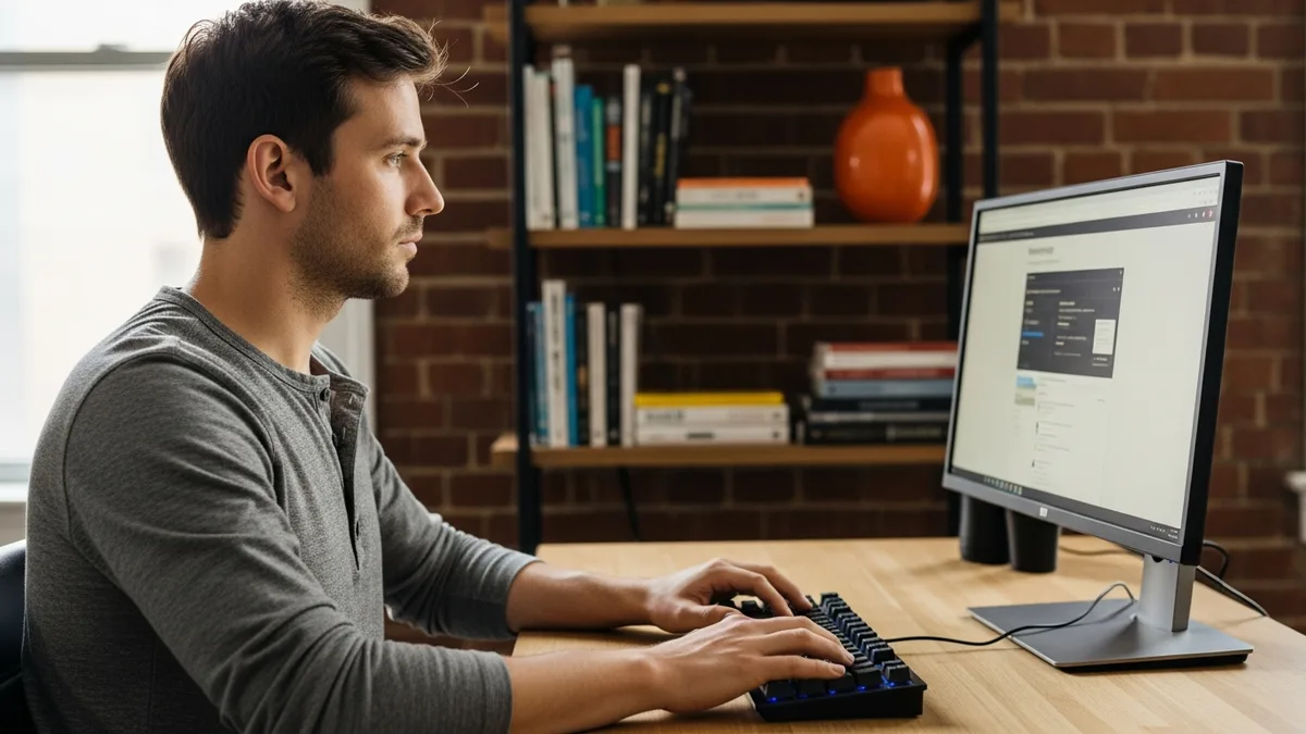 Senior technical writer authoring developer documentation at home office workstation with mechanical keyboard