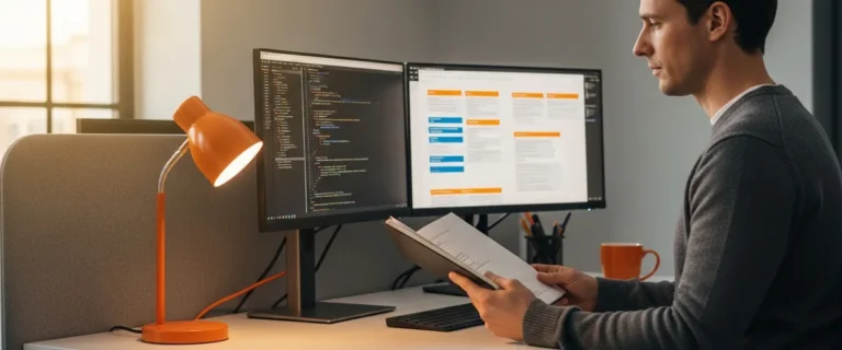 Technical writer at standing desk reviewing documentation and code on dual monitors in modern tech office