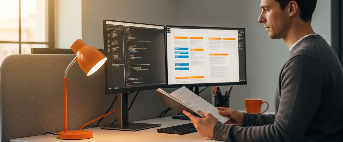 Technical writer at standing desk reviewing documentation and code on dual monitors in modern tech office