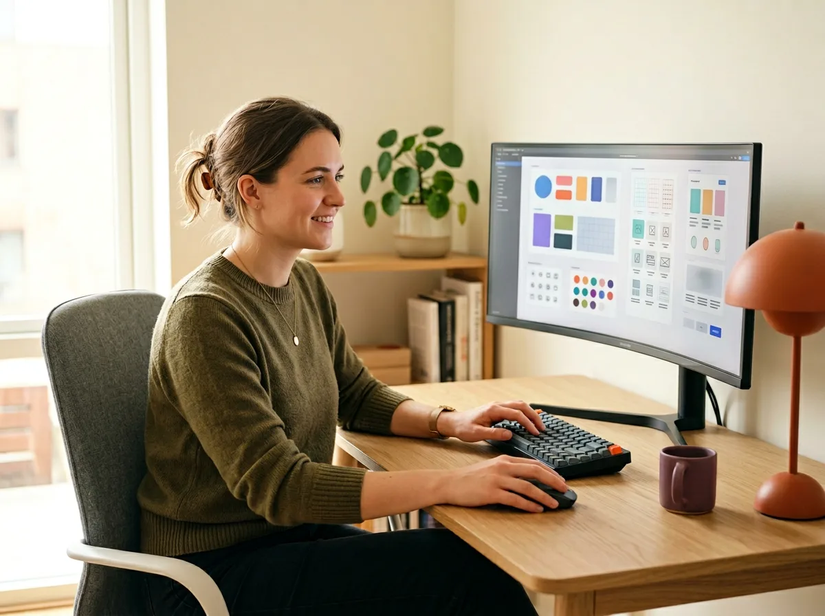UI designer staffing studio with wireframes and color palette on pinboard
